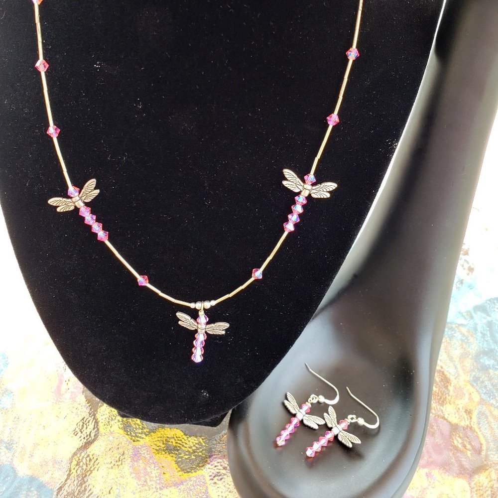 Dragon Fly Necklace and Earrings In Pink Swarovoski Crystals